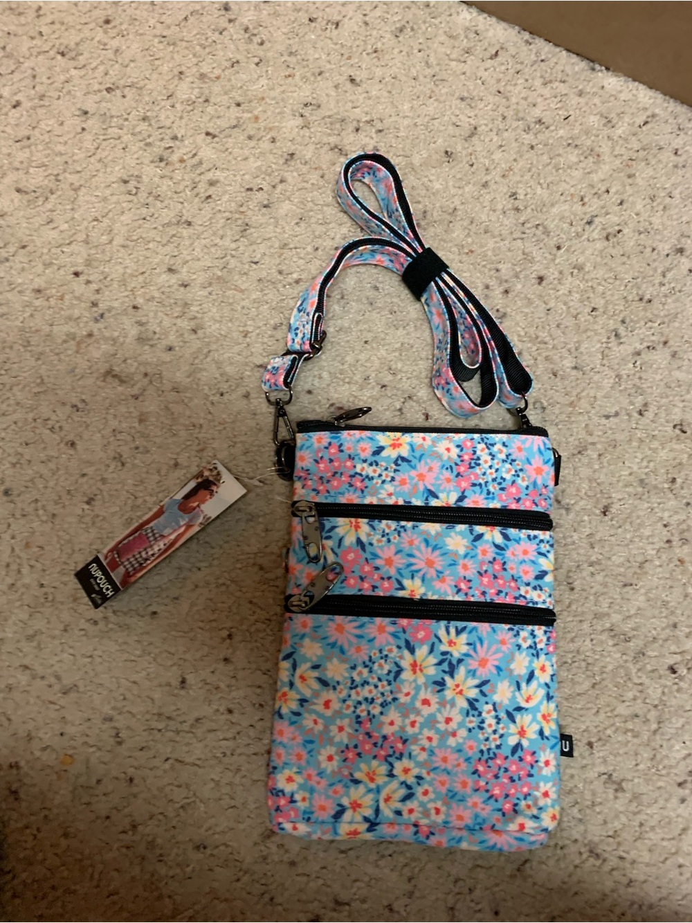 Floral anti-theft 3 zipper crossbody Blue Pink Daisy Print